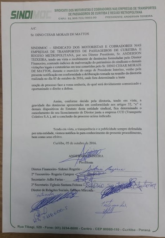 TODOS OS DIRETORES DA DIRETORIA EFETIVA ASSINARAM NOTIFICAÇÃO ENTREGUE HOJE A DINO CESAR, INFORMANDO SOBRE DENÚNCIAS SOBRE INDÍCIOS DE MALVERSAÇÃO DO PATRIMÔNIO DO SINDICATO.